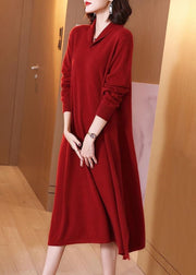 Women Red Side Peter Pan Collar Open Cotton Knit Dress Long Sleeve