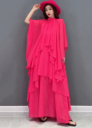 Damen Rot Stehkragen Asymmetrisches Design Extra großer Saum Chiffon Strandkleid Kurzarm