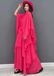 Damen Rot Stehkragen Asymmetrisches Design Extra großer Saum Chiffon Strandkleid Kurzarm