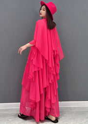 Women Red Stand Collar Asymmetrical Design Exra Large Hem Chiffon Beach Dress Short Sleeve