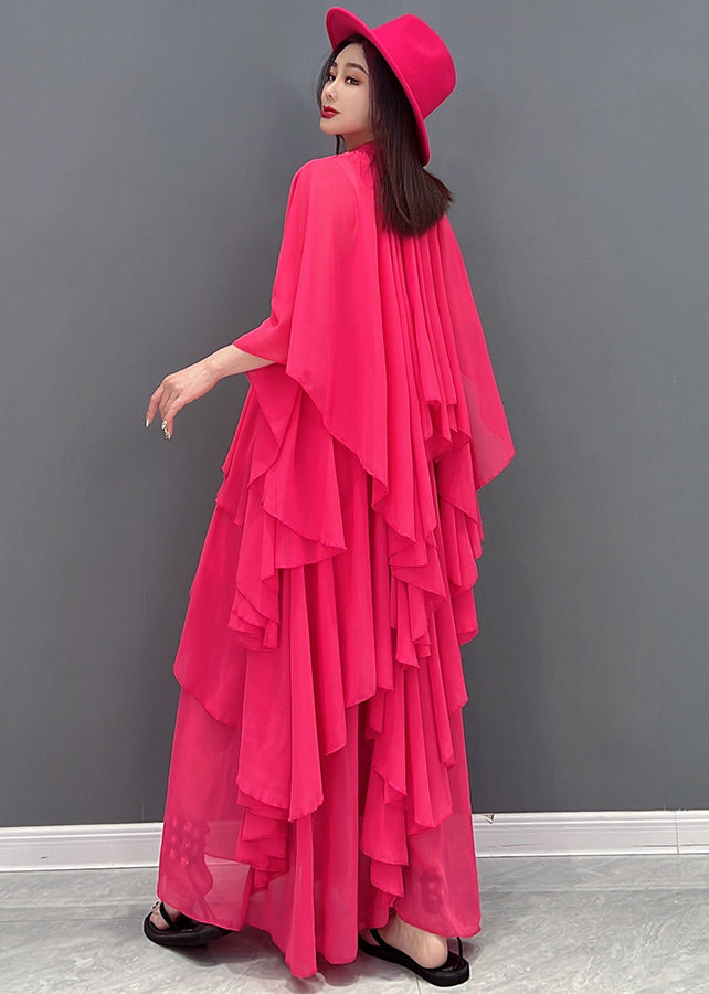 Women Red Stand Collar Asymmetrical Design Exra Large Hem Chiffon Beach Dress Short Sleeve