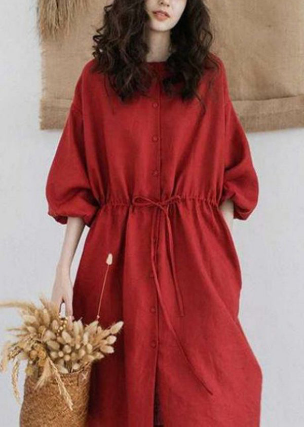 Women Red Stand Collar Drawstring Patchwork Linen Dresses Summer
