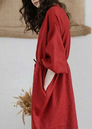 Women Red Stand Collar Drawstring Patchwork Linen Dresses Summer