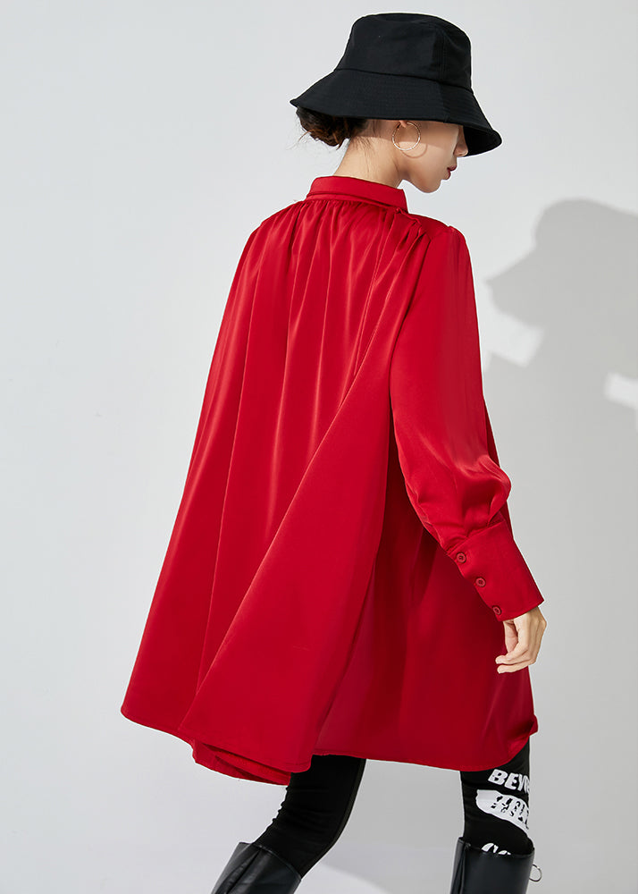 Women Red Stand Collar Oversized Wrinkled Silk Shirt Top Spring