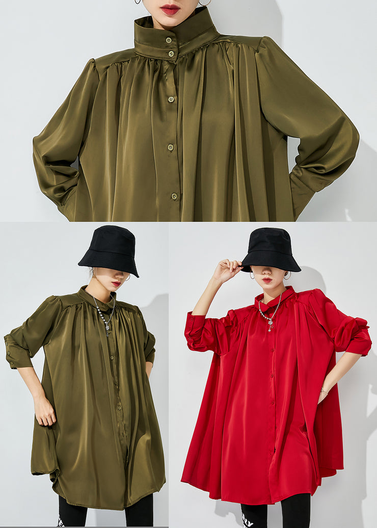 Women Red Stand Collar Oversized Wrinkled Silk Shirt Top Spring