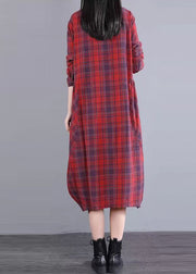 Women Red Stand Collar Plaid Cotton Shirts Dresses Fall