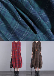 Women Red Stand Collar Plaid Cotton Shirts Dresses Fall