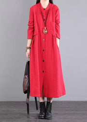 Women Red Stand Collar Pockets Patchwork Cotton Long Dresses Fall