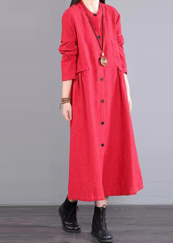 Women Red Stand Collar Pockets Patchwork Cotton Long Dresses Fall