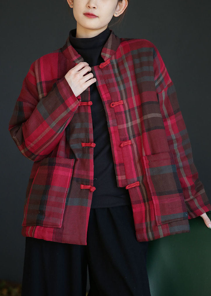 Women Red Stand Collar Pockets Plaid Fine Cotton Filled Coats Winter