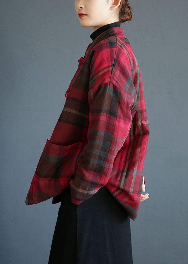 Women Red Stand Collar Pockets Plaid Fine Cotton Filled Coats Winter