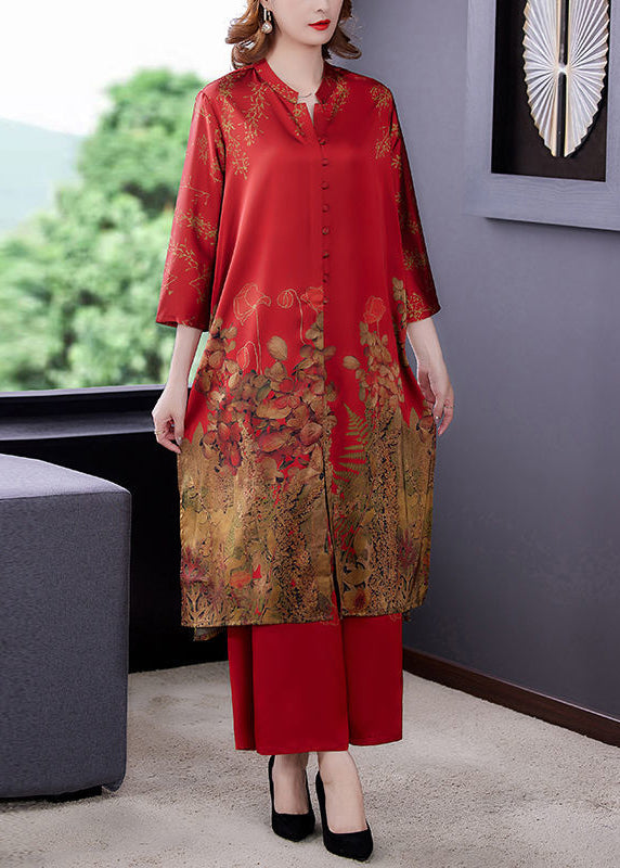 Women Red Stand Collar Print Draping Silk Two Pieces Set Summer