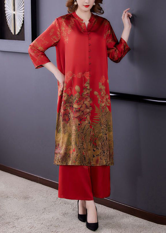 Women Red Stand Collar Print Draping Silk Two Pieces Set Summer