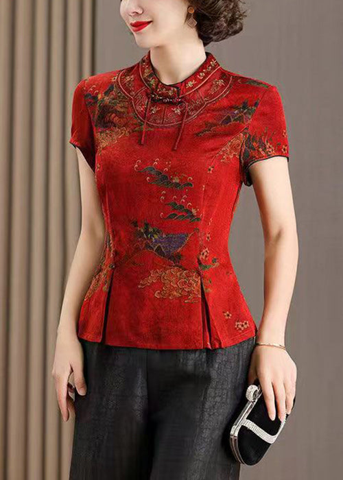Women Red Stand Collar Print Side Cpen Silk T Shirt Summer