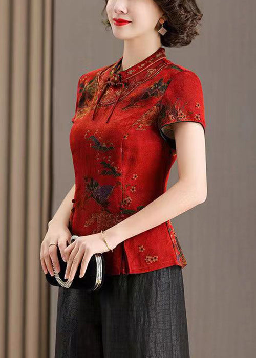Women Red Stand Collar Print Side Cpen Silk T Shirt Summer