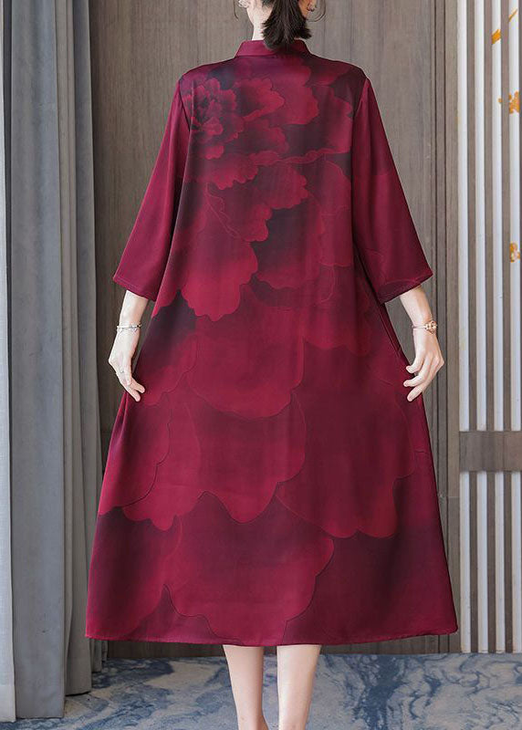 Women Red Stand Collar Print Silk Robe Dresses Bracelet Sleeve