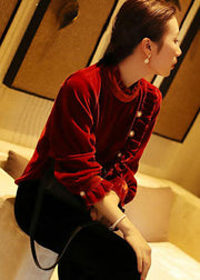 Women Red Stand Collar Ruffled Button Silk Velour Shirt Top Long Sleeve