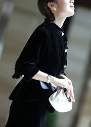 Damen-Hemd mit Stehkragen und gekräuselten Knöpfen aus Seidenvelours mit langen Ärmeln