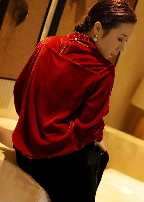 Women Red Stand Collar Ruffled Button Silk Velour Shirt Top Long Sleeve