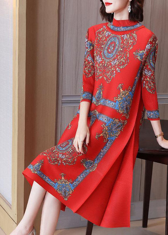 Women Red Stand Collar Wrinkled Print Silk Long Dresses Vestidos Bracelet Sleeve