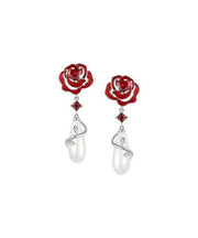 Women Red Sterling Silver Copper Overgild Pearl Rose Drop Earrings