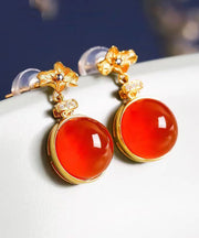 Women Red Sterling Silver Inlaid Zircon Agate Stud Earrings