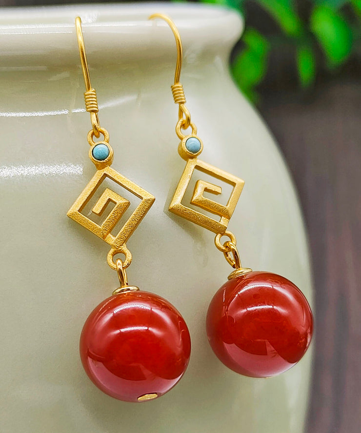 Women Red Sterling Silver Overgild Agate Turquoise Drop Earrings