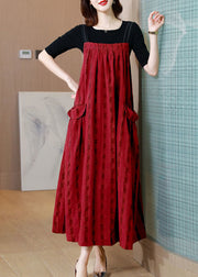Women Red Striped Exra Large Hem Linen Strap Dress Two Pieces Set Summer