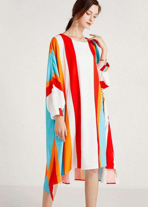 Women Red Striped O-Neck Asymmetrical Design Summer Long Dress Sleeve - SooLinen
