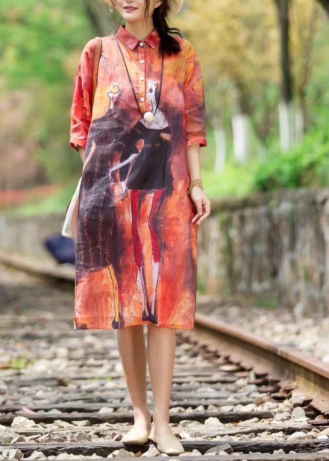 Women Red Summer Casual Organic linen Robes Korea Cute Printed Dress - SooLinen