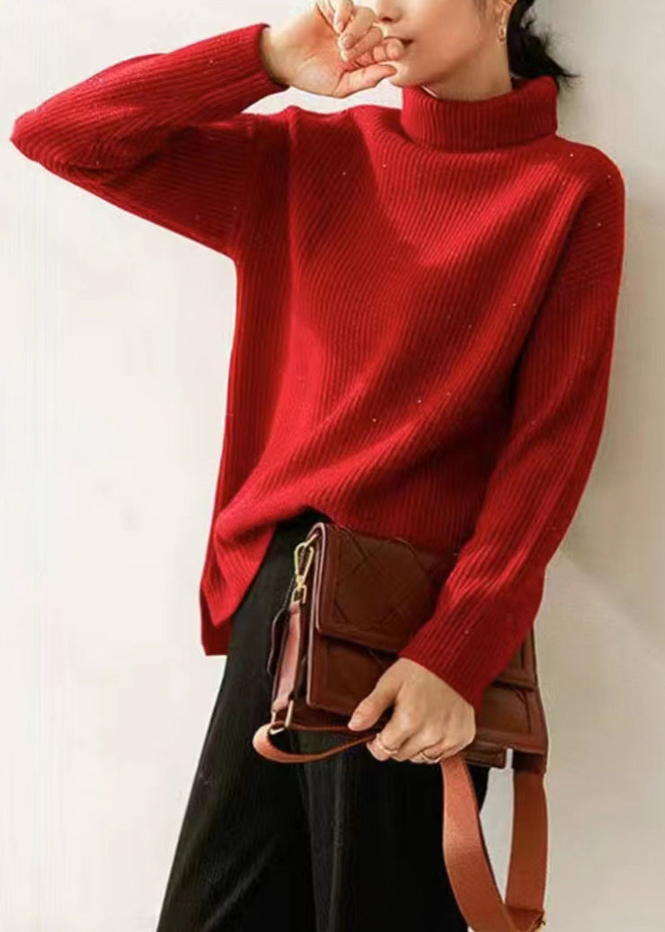 Women Red Turtleneck Cozy Knit Sweaters Long Sleeve