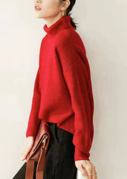 Women Red Turtleneck Cozy Knit Sweaters Long Sleeve
