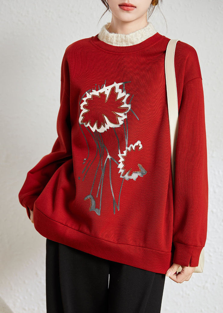 Women Red Turtleneck Patchwork Print Fake Two Pieces Fleece Sweatshirt Winter