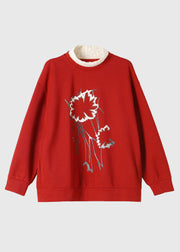 Women Red Turtleneck Patchwork Print Fake Two Pieces Fleece Sweatshirt Winter