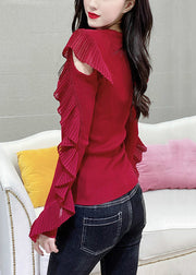 Women Red Turtleneck Ruffled Patchwork Knit Tops Long Sleeve