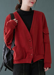 Women Red V Neck Button Pockets Patchwork Cotton Coats Fall