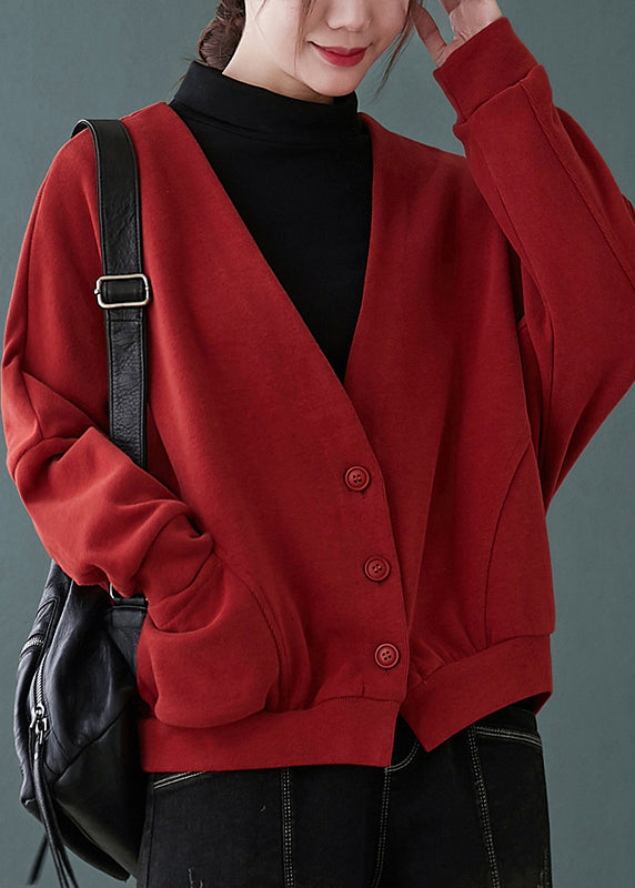 Women Red V Neck Button Pockets Patchwork Cotton Coats Fall
