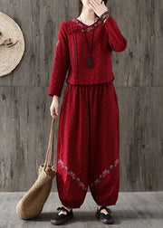 Women Red V Neck Wrinkled Embroidered Cotton Two Piece Set Spring