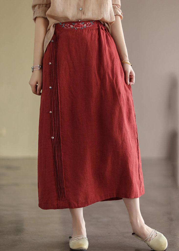 Women Red Wrinkled Embroidered Patchwork Cotton Skirts Summer