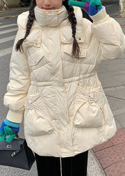 Women Red Zip Up Drawstring Pockets Duck Down Hooded Coat Winter