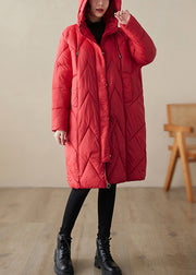 Women Red Zip Up Hooded Pockets Fine Cotton Filled Witner Coat