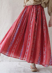 Women Red elastic waist pocket print Linen Beach Skirt Spring