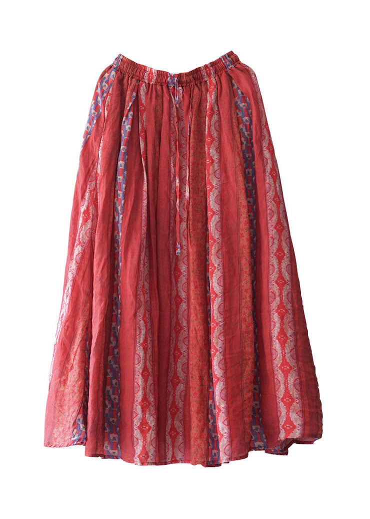 Women Red elastic waist pocket print Linen Beach Skirt Spring