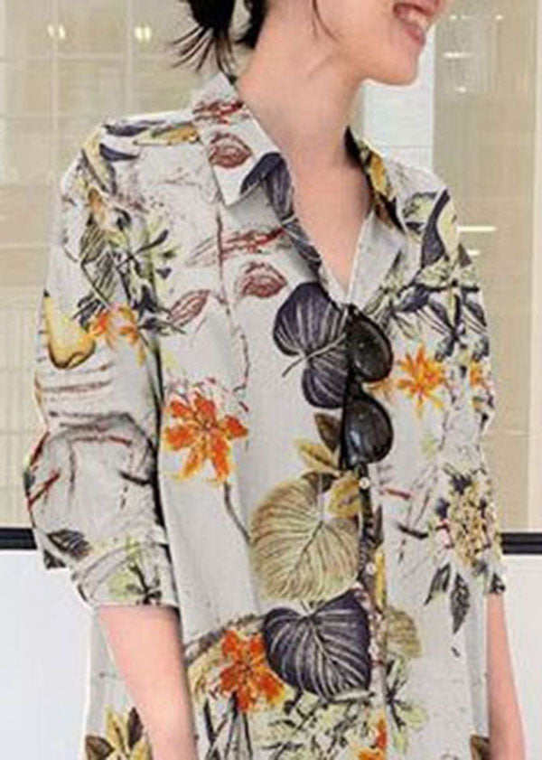Damen Retro Blumendruck Baumwolle Umlegekragen Loses Hemdkleid mit Tasche