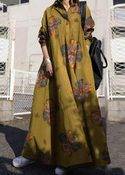 Women Retro Floral Print Lapel Bohemian Loose Long Sleeve Maxi Shirt Dress With Pocket