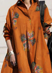 Women Retro Floral Print Lapel Bohemian Loose Long Sleeve Maxi Shirt Dress With Pocket