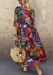 Women Retro Graffiti Print Round Neck Pleated Casual Maxi Dresses