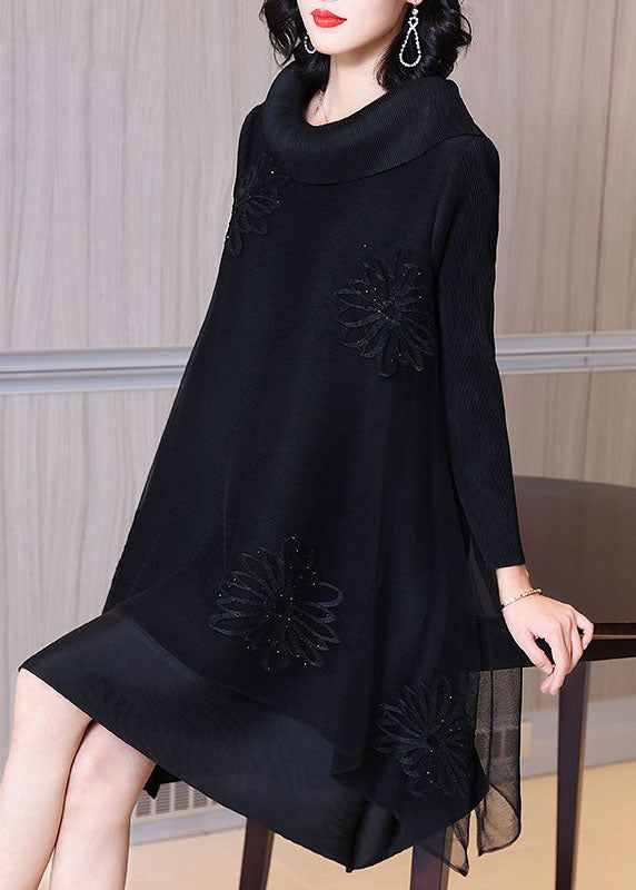 Women Rose Asymmetrical Patchwork Nail Bead Tulle Vacation Long Dresses Long Sleeve