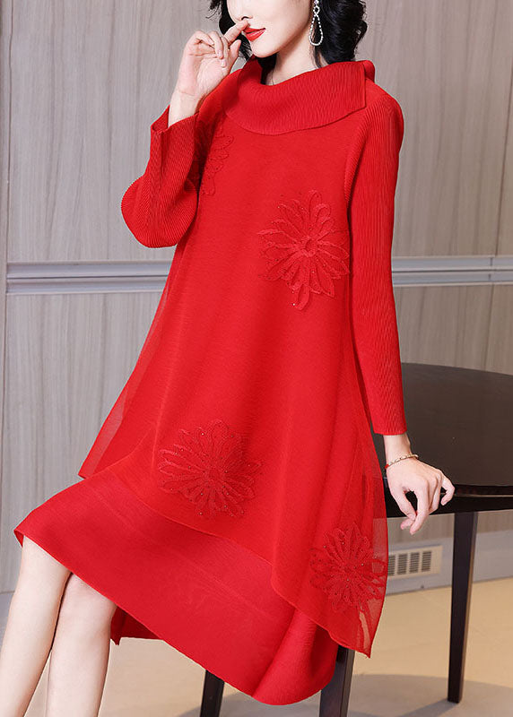 Women Rose Asymmetrical Patchwork Nail Bead Tulle Vacation Long Dresses Long Sleeve