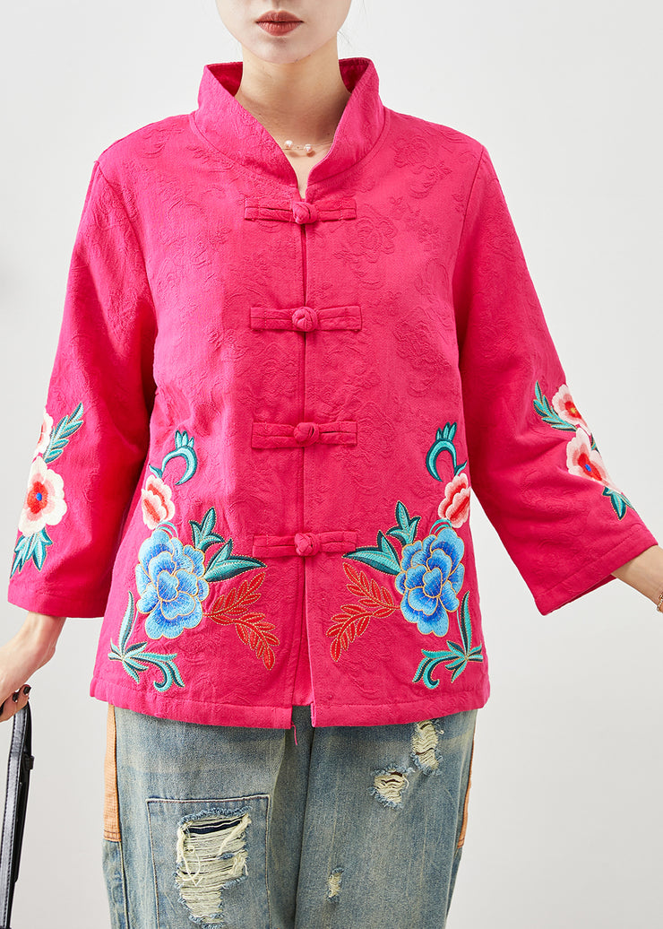 Women Rose Embroidered Jacquard Chinese Button Cotton Jackets Fall
